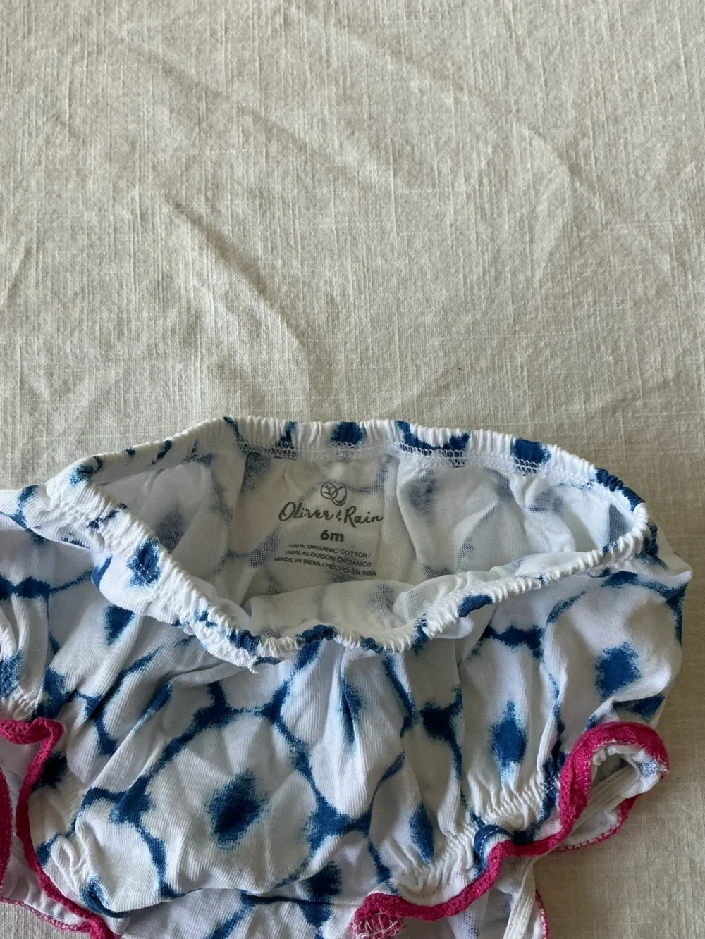 White Diaper Cover with Navy Tie-Dye Spots and Pink Ruffle Trim
